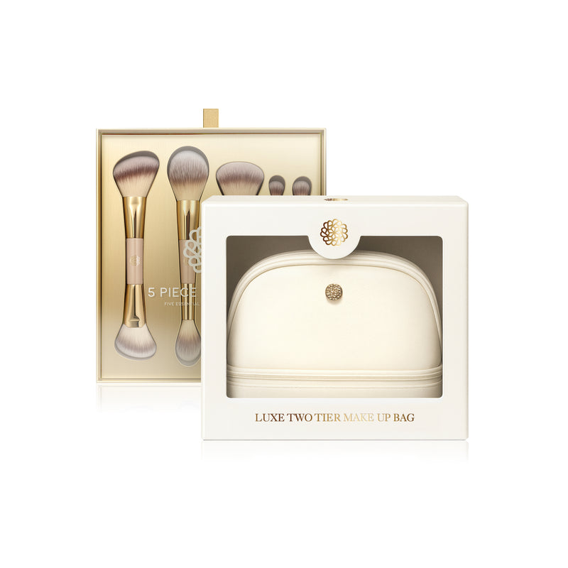5 Piece Brush Set with Two Tier Make Up Bag
